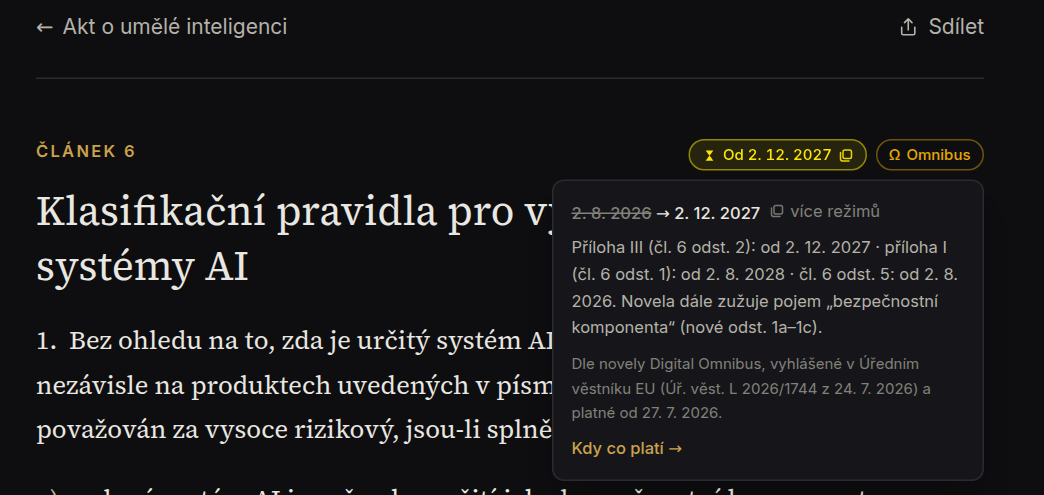 Štítek použitelnosti u článku 6 s otevřeným detailem