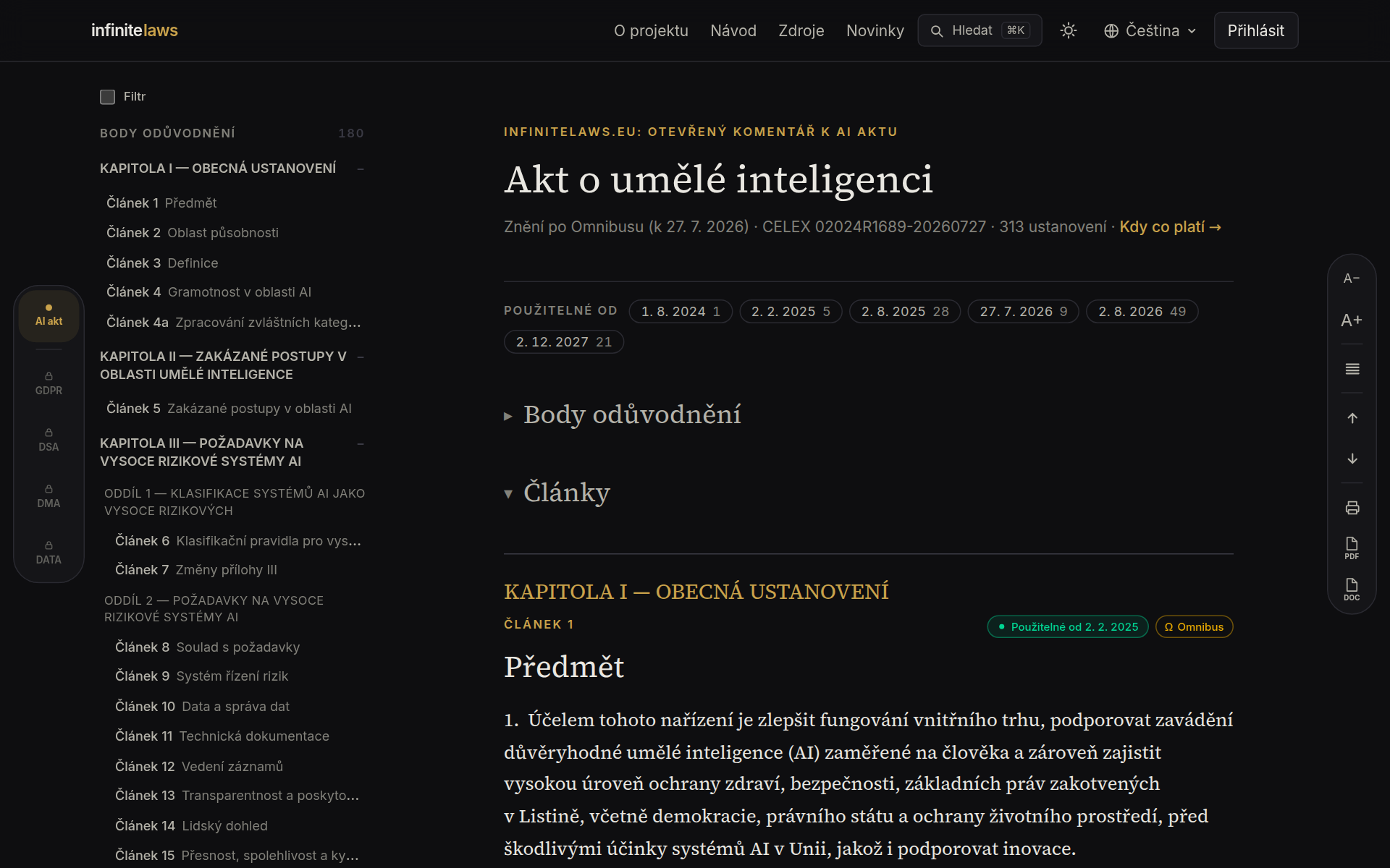 Komentované znění AI aktu — obsah a čtecí sloupec