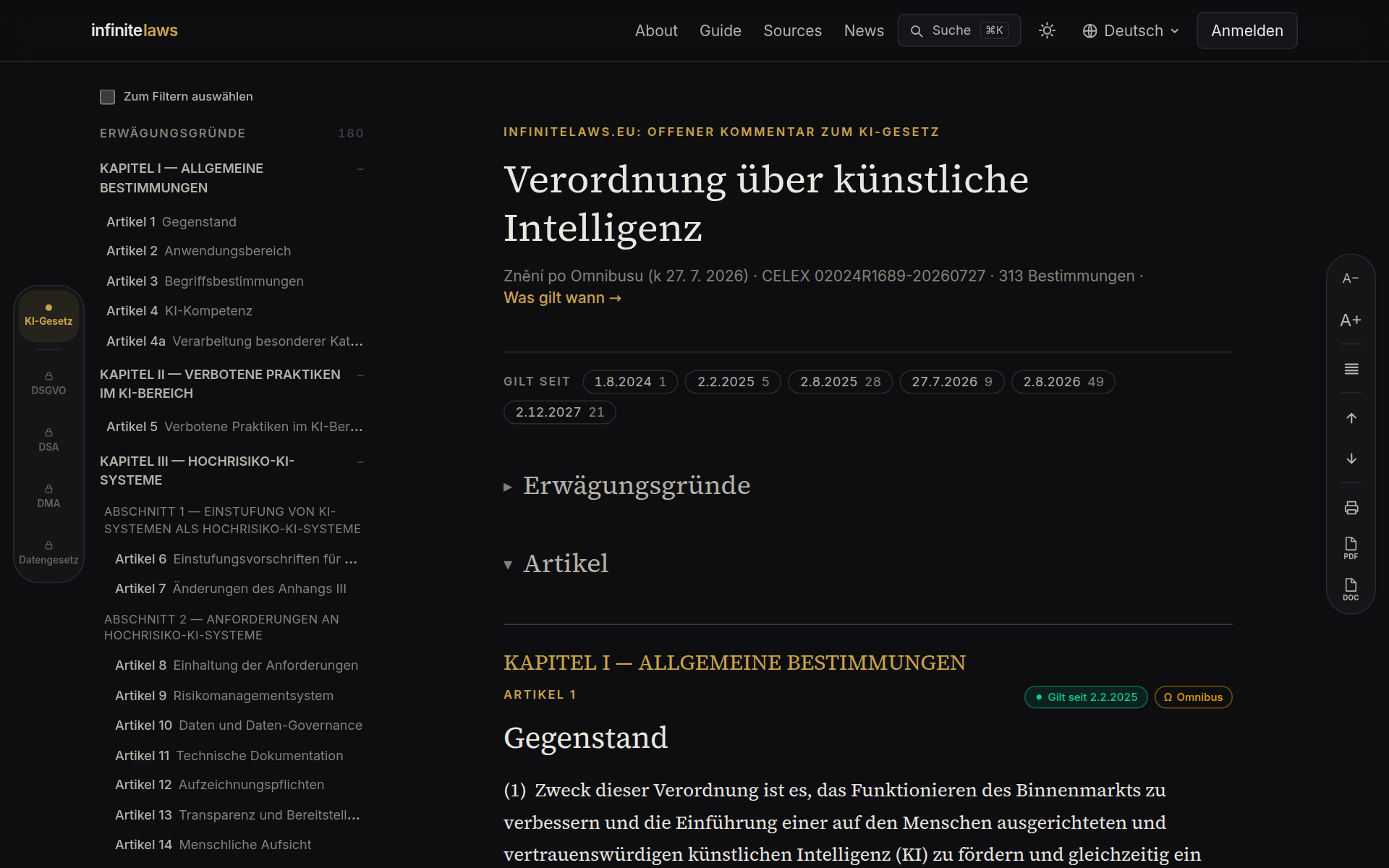Kommentierte Fassung des KI-Gesetzes — Inhaltsverzeichnis und Lesespalte