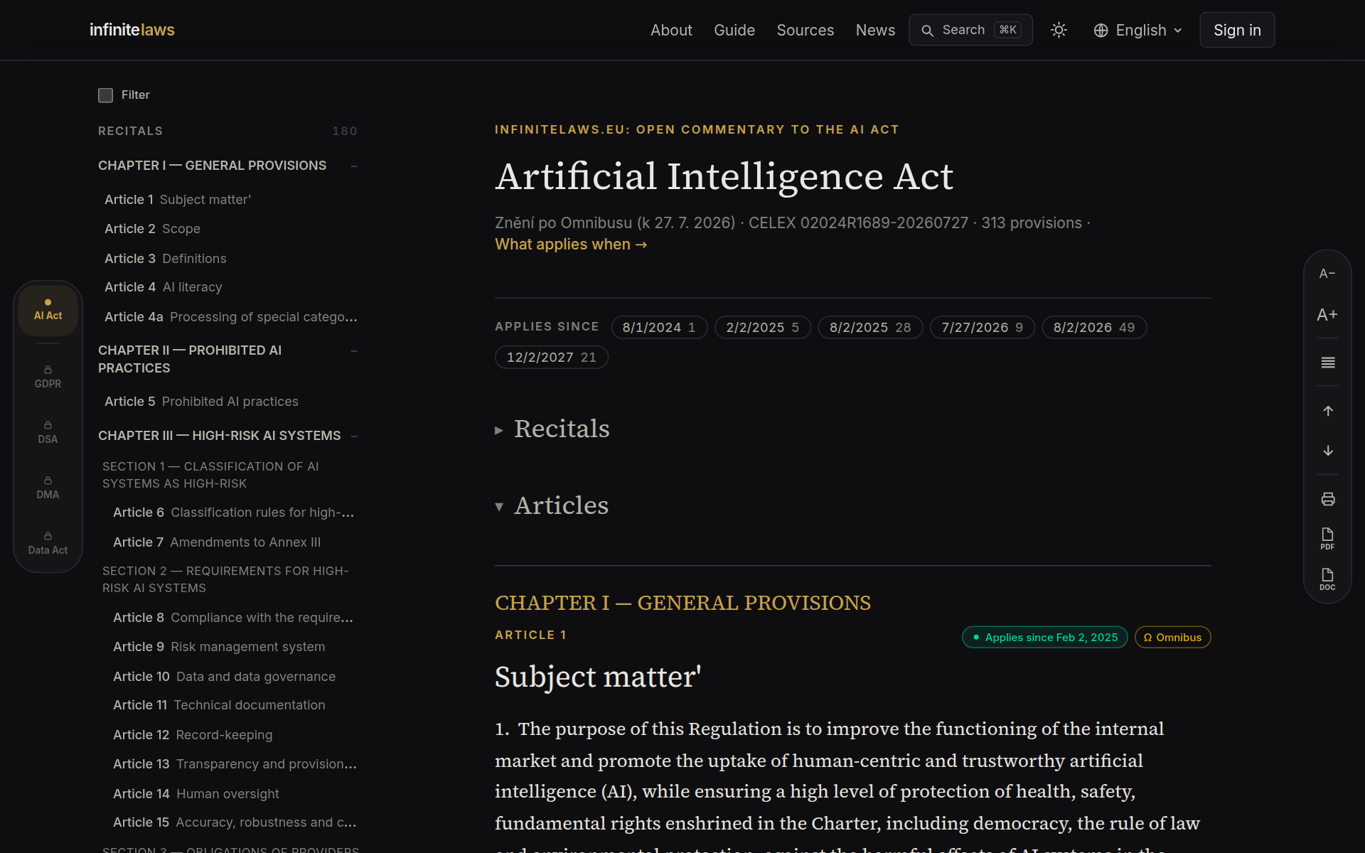 Annotated text of the AI Act — contents and reading column
