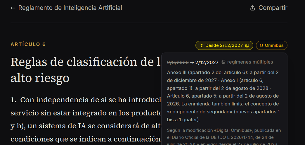 Etiqueta de aplicabilidad del artículo 6 con el detalle abierto