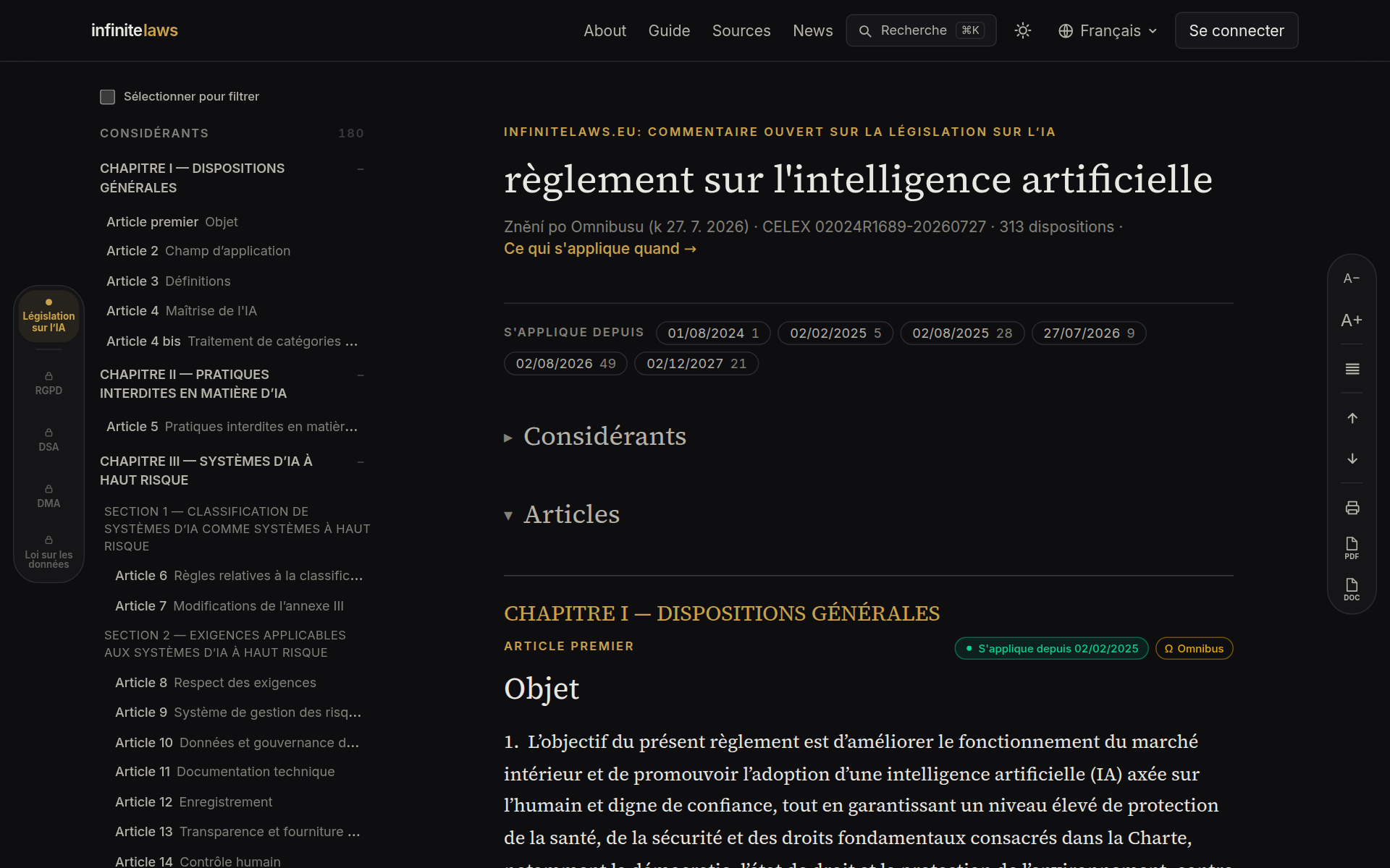 Texte commenté du règlement sur l'IA — table des matières et colonne de lecture