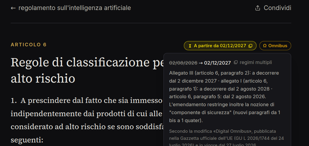 Etichetta di applicabilità dell'articolo 6 con il dettaglio aperto