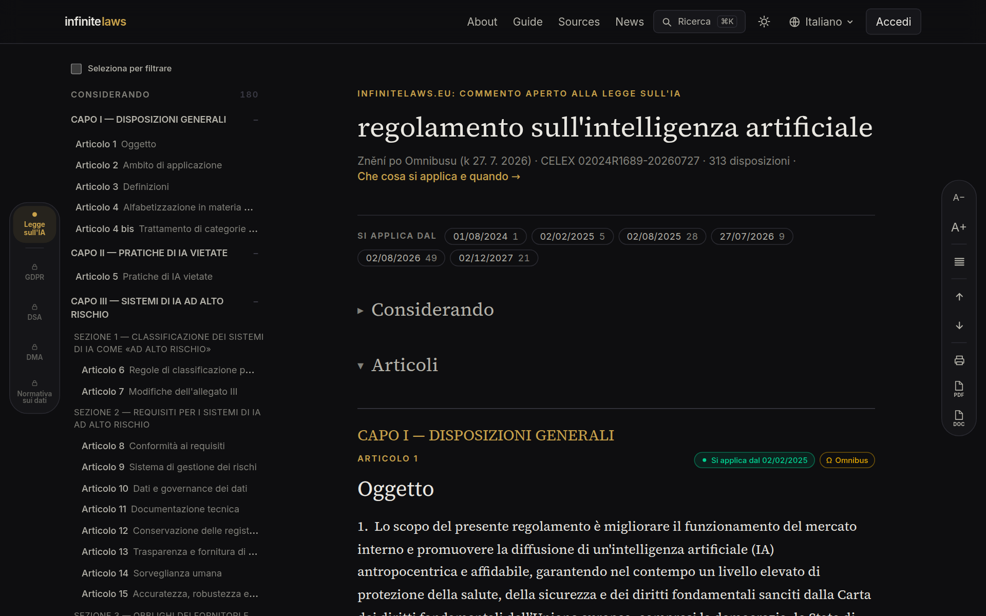 Testo commentato della legge sull'IA — indice e colonna di lettura