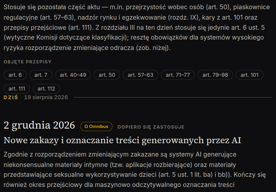Oś czasu stosowania aktu w sprawie sztucznej inteligencji z kamieniami milowymi i znakiem Dziś