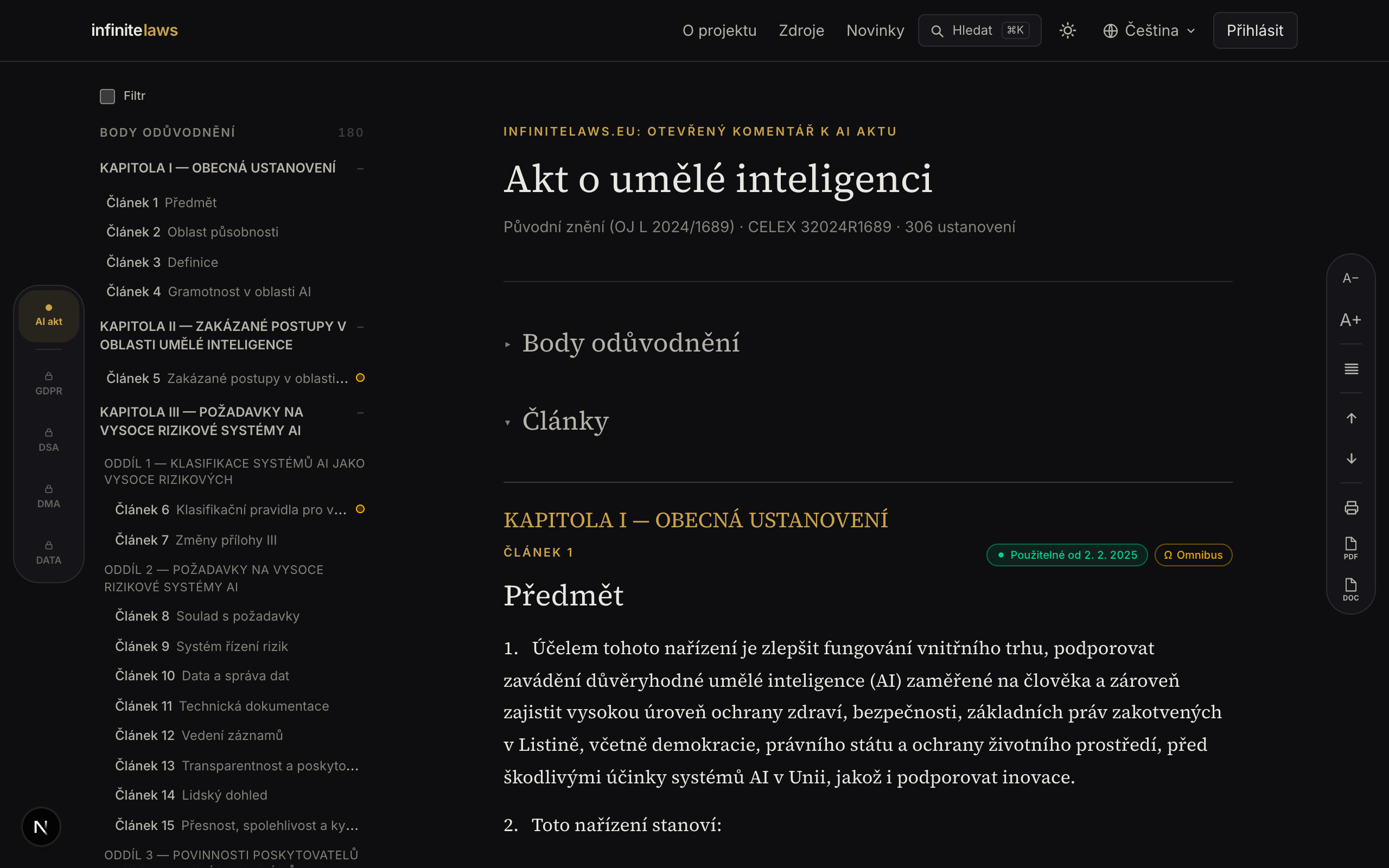 Annotated text of the AI Act — contents and reading column